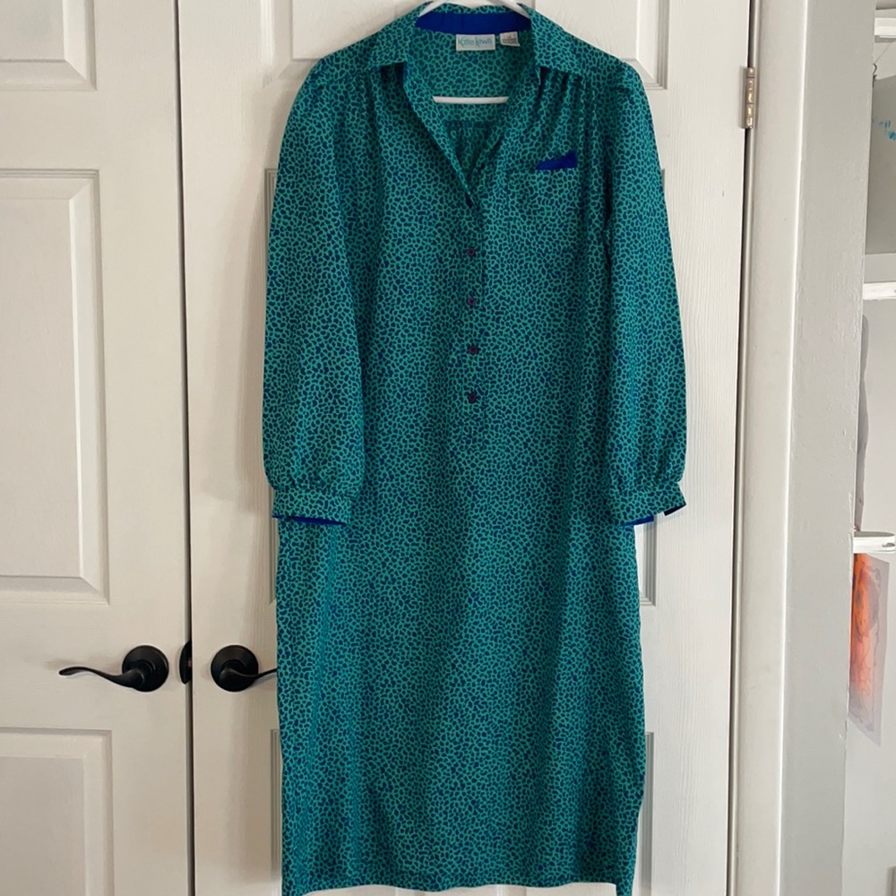 Vintage KATIE LEWIS 80s aqua blue leopard geometric long sleeve poly dress sz 14